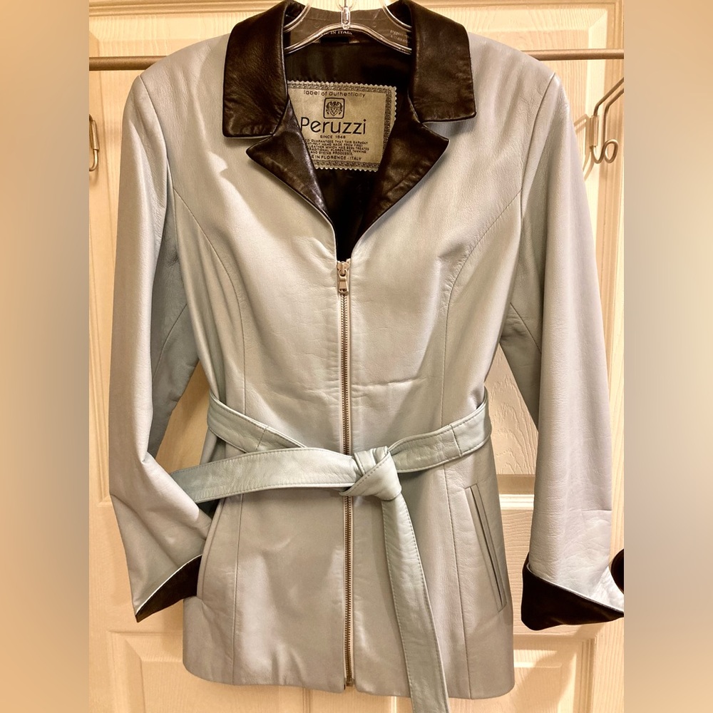 Peruzzi leather jacket/blazer-made in Italy. Lt blue/dark brown size 6-8